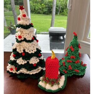 Vintage Crocheted Christmas Trees Green, White, Red Bows And Red Candle Handmade